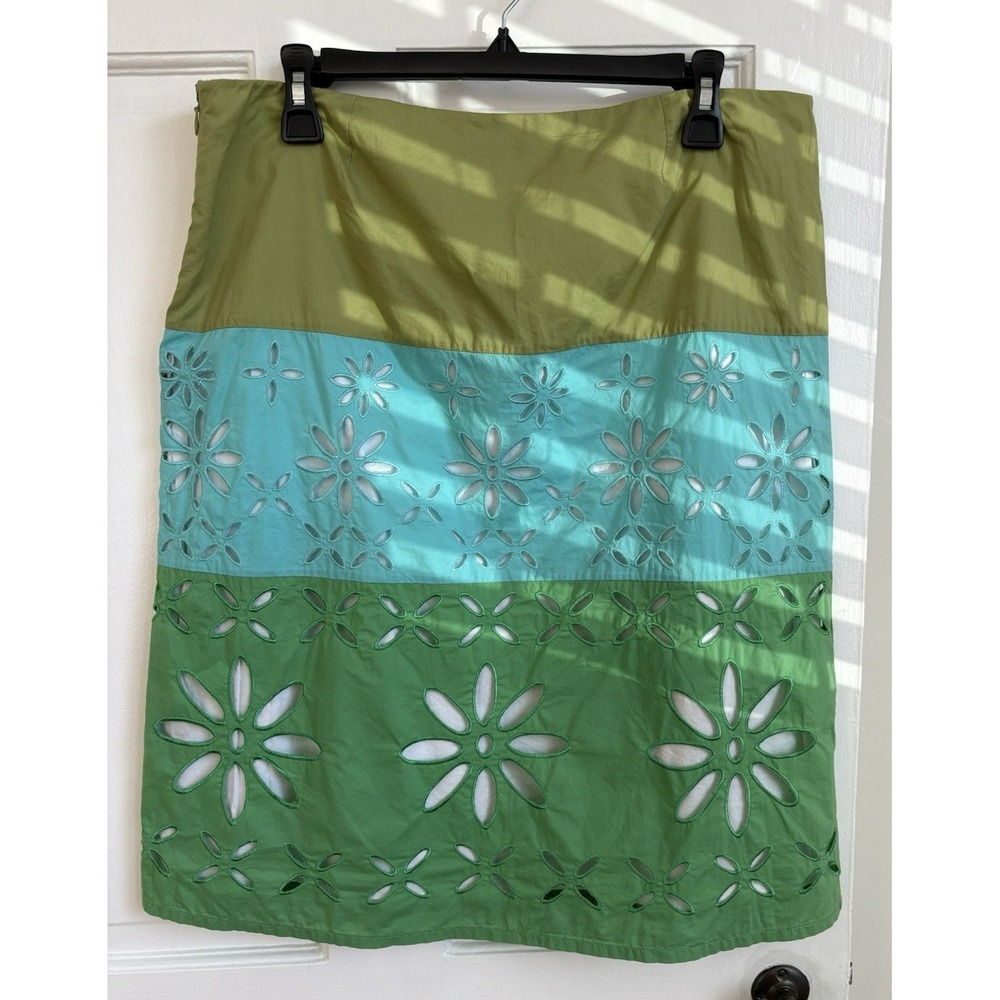 Boden Women Green Turquoise Colorblock Floral Eyelet Cotton Skirt Size 14L WG251